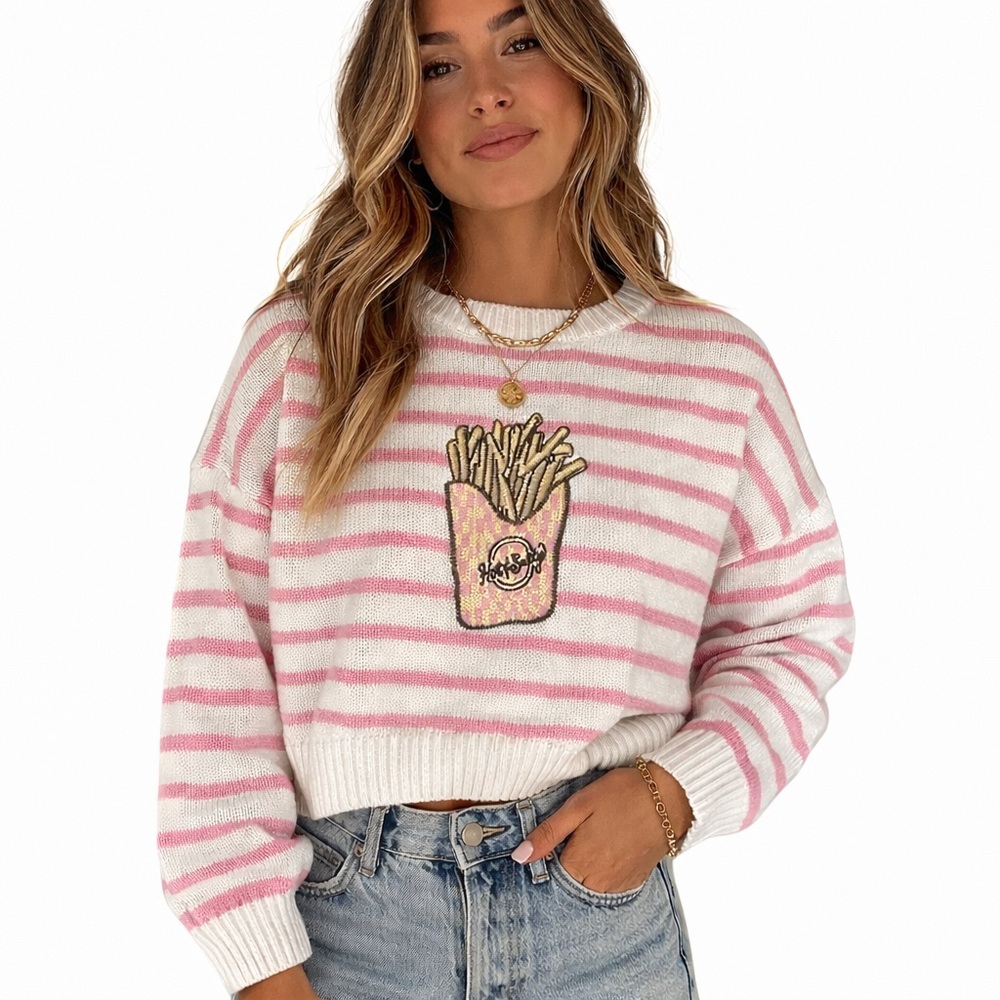 NWT Freshman 1996 Pink Striped Cropped Knit Sweater French Fries Graphic Size M